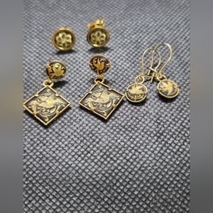 Damascene Gold and Black Pierced Earrings 3 Pairs
